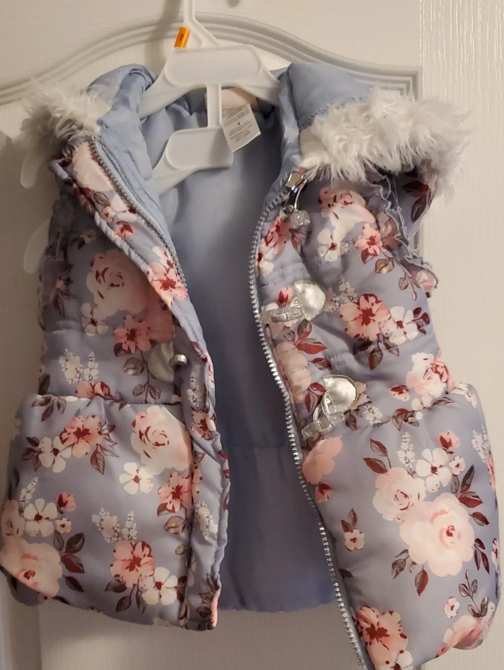 Light Blue Floral Puffy Vest with Faux Fur Hood